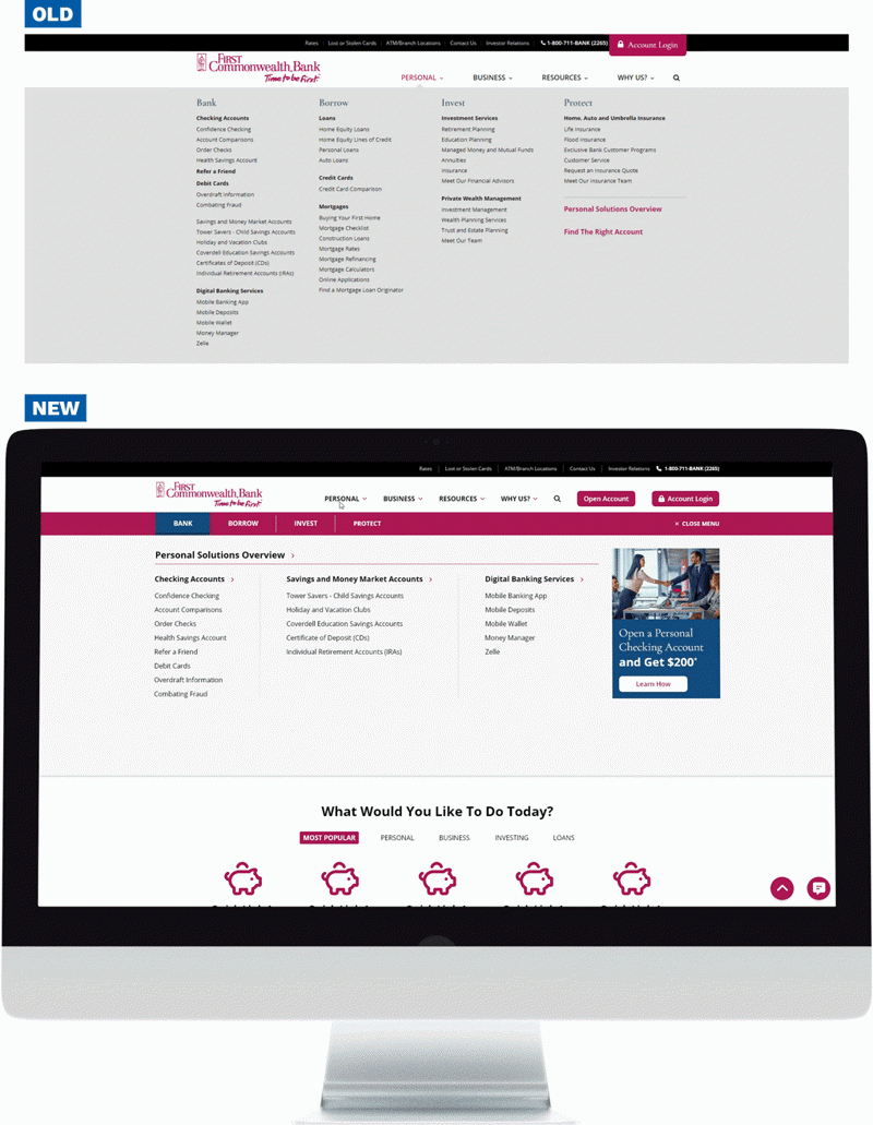 Desktop view of website with animation showing the menu navigation