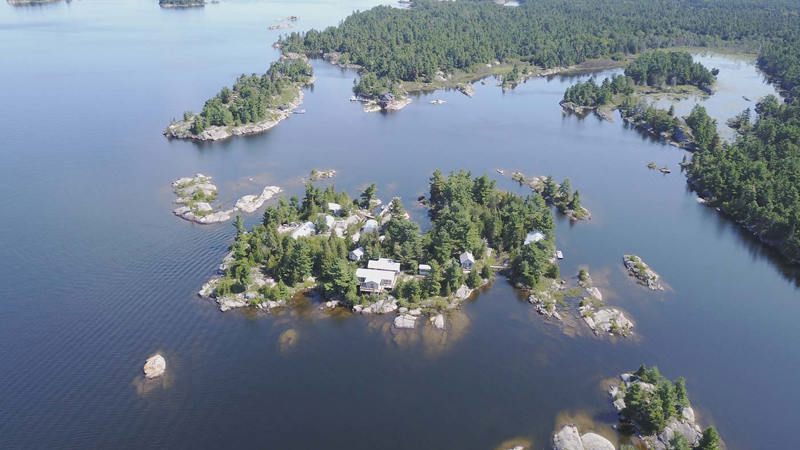 The island from the air showing some of the cabins