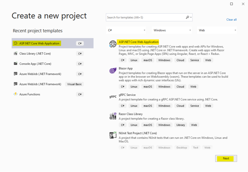 Add a new ASP.NET Core Web Application project in Visual Studio