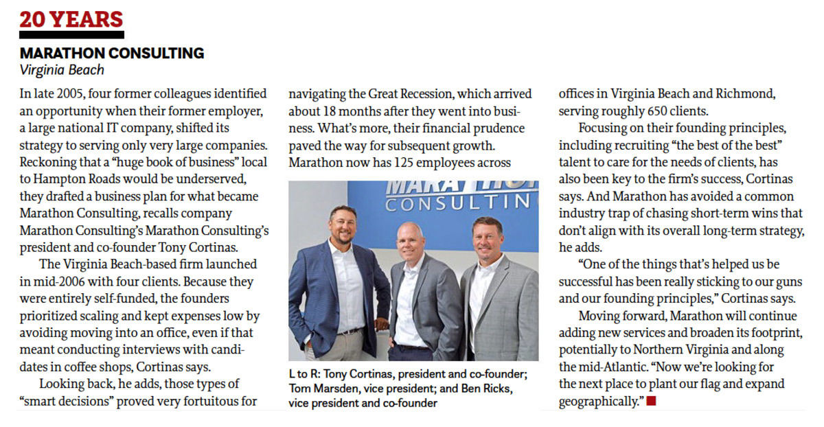 Marathon Consulting Featured In Virginia Business 2026 Milestones Edition Article Clip 10.14.26