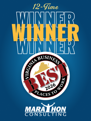 Banner graphic showing 2026 Best Places to Work Badge and Text Announcing Marathon Consulting as a 12-Time Winner