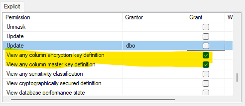 A couple of SQL Server permissions selected for the user account set up in the connection string.